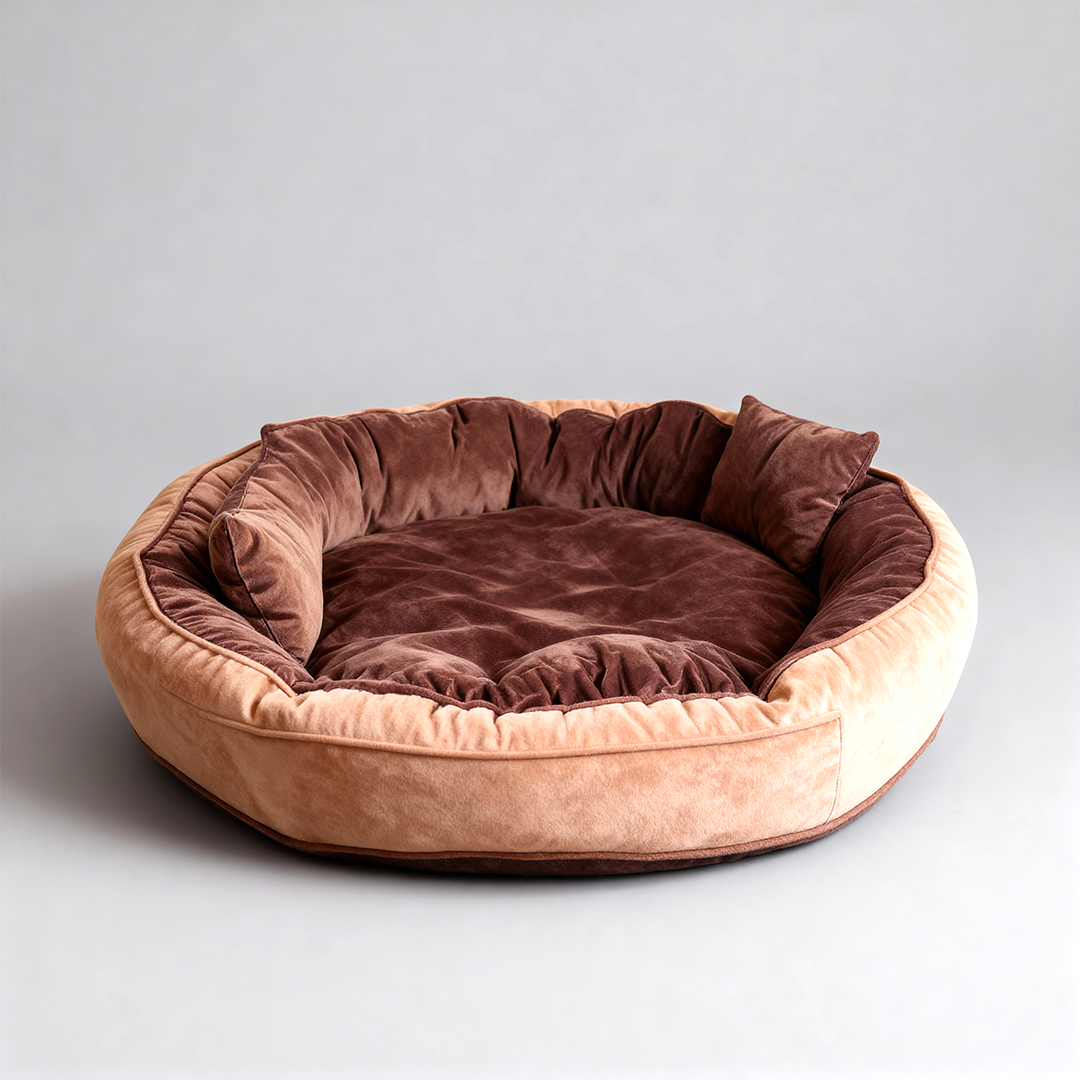 Dual-Color Ethnic Velvet Round Dog Bed
