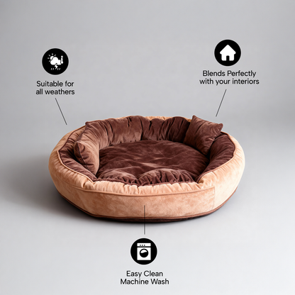 Dual-Color Ethnic Velvet Round Dog Bed